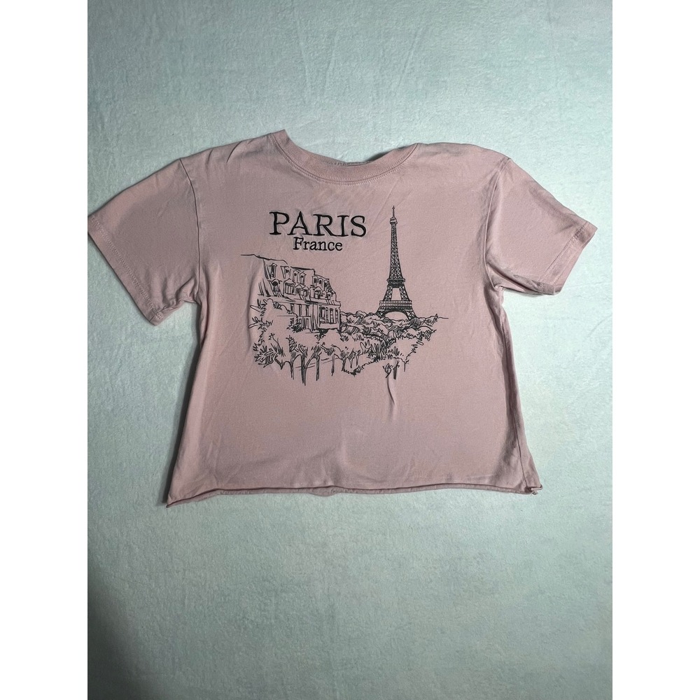 Gold Crush Paris France Eiffel Tower Graphic Crop Top Pink XS Cotton Raw Hem